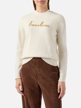 Maglione New Queen in misto cashmere bianco con ricamo lurex Favolosa