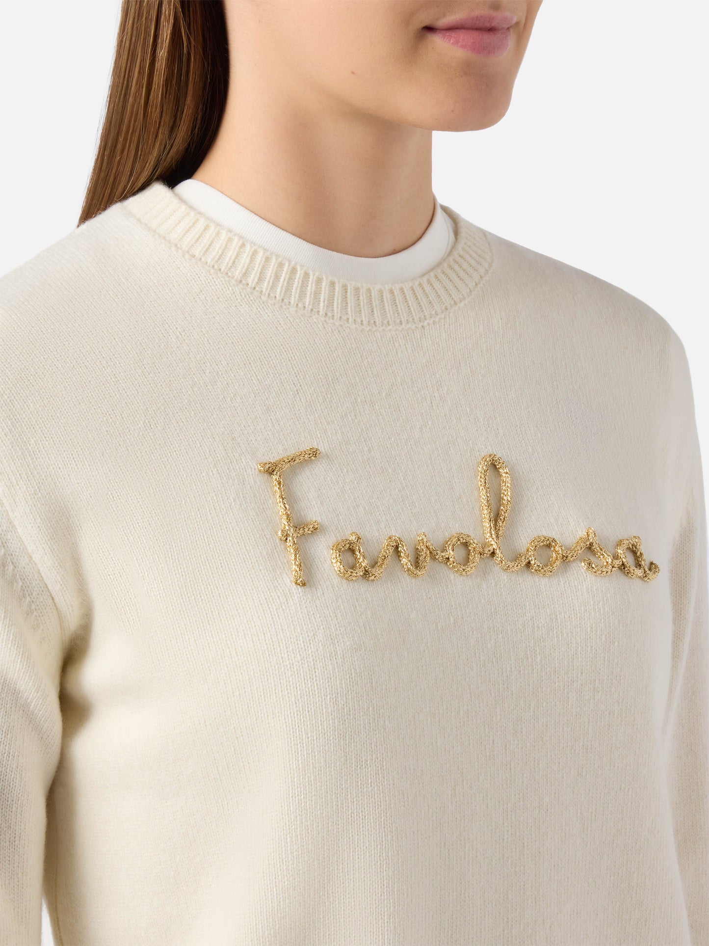 Maglione New Queen in misto cashmere bianco con ricamo lurex Favolosa