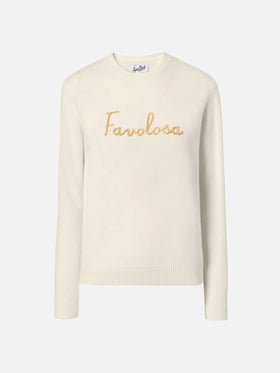 Maglione New Queen in misto cashmere bianco con ricamo lurex Favolosa