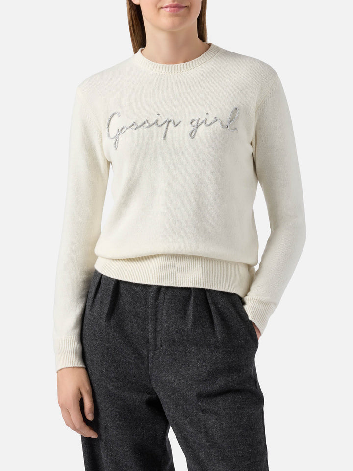 New Queen cashmere-blend sweater in white with Gossip Girl lurex embroidery