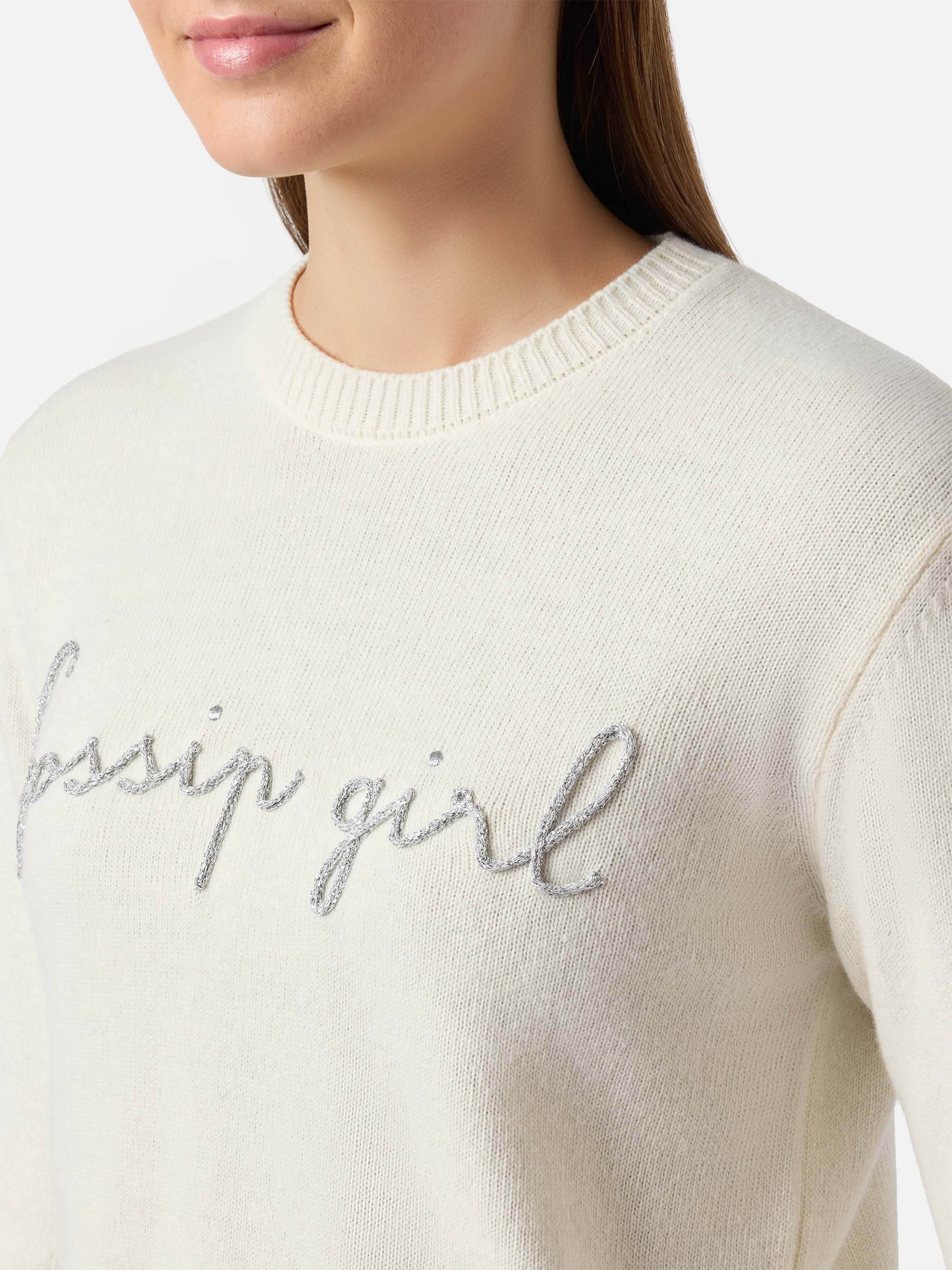 Maglione New Queen in misto cashmere bianco con ricamo lurex Gossip Girl