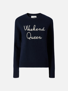 Neuer blauer Queen-Pullover aus Kaschmirmischung mit Weekend Queen-Stickerei