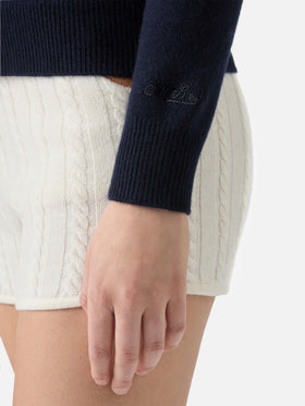 Neuer blauer Queen-Pullover aus Kaschmirmischung mit Weekend Queen-Stickerei