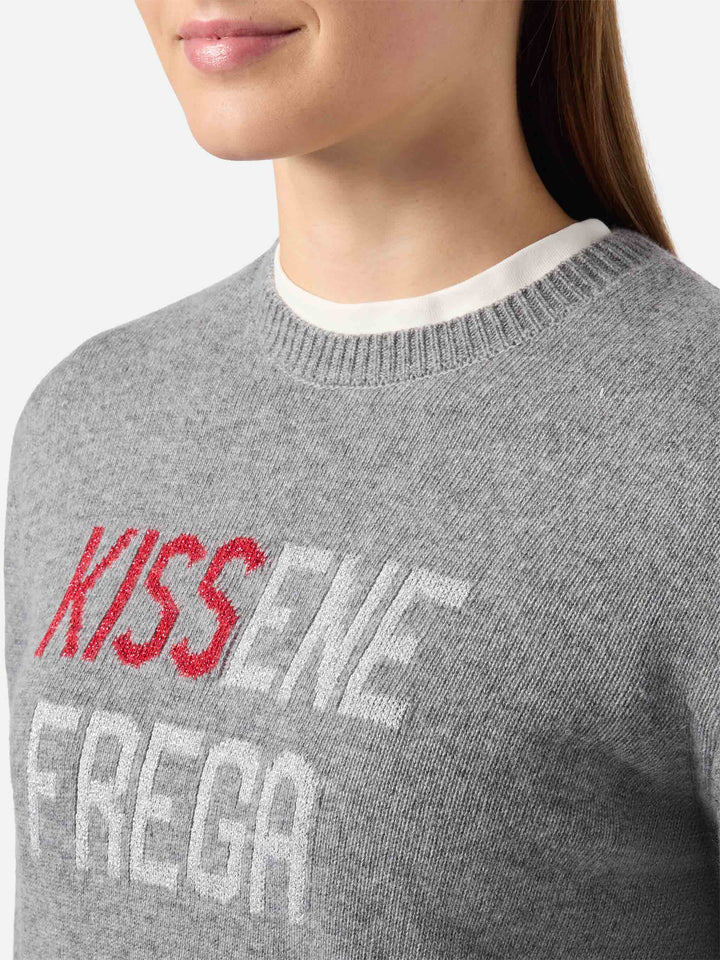 Maglione New Queen in misto cashmere grigio con jacquard lurex Kissenefrega