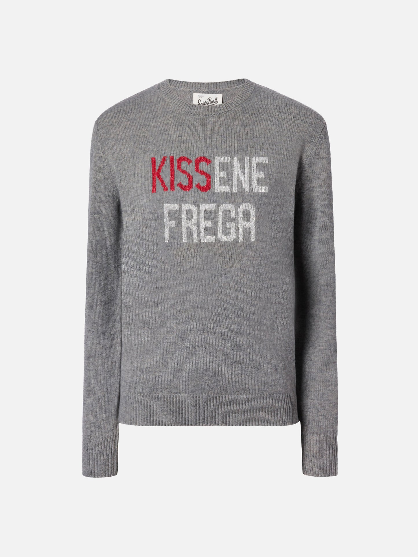 Neuer grauer Queen-Pullover aus Kaschmirmischung mit Kissenefrega-Lurex-Jacquard