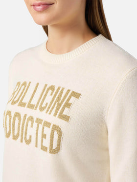 New Queen cashmere-blend sweater in white with Bollicine Addicted lurex jacquard