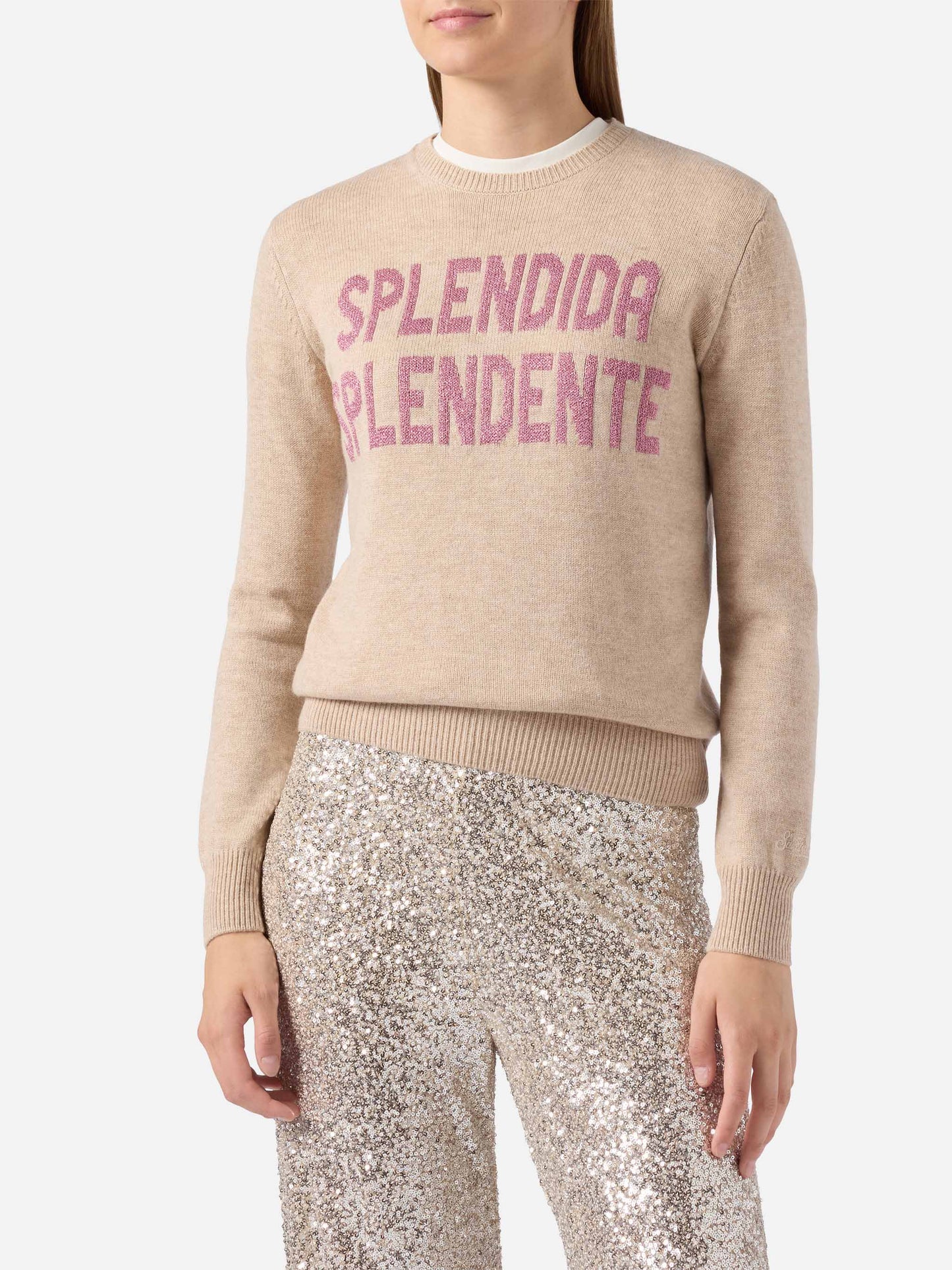 New Queen cashmere-blend sweater in white with Splendida Splendente lurex jacquard