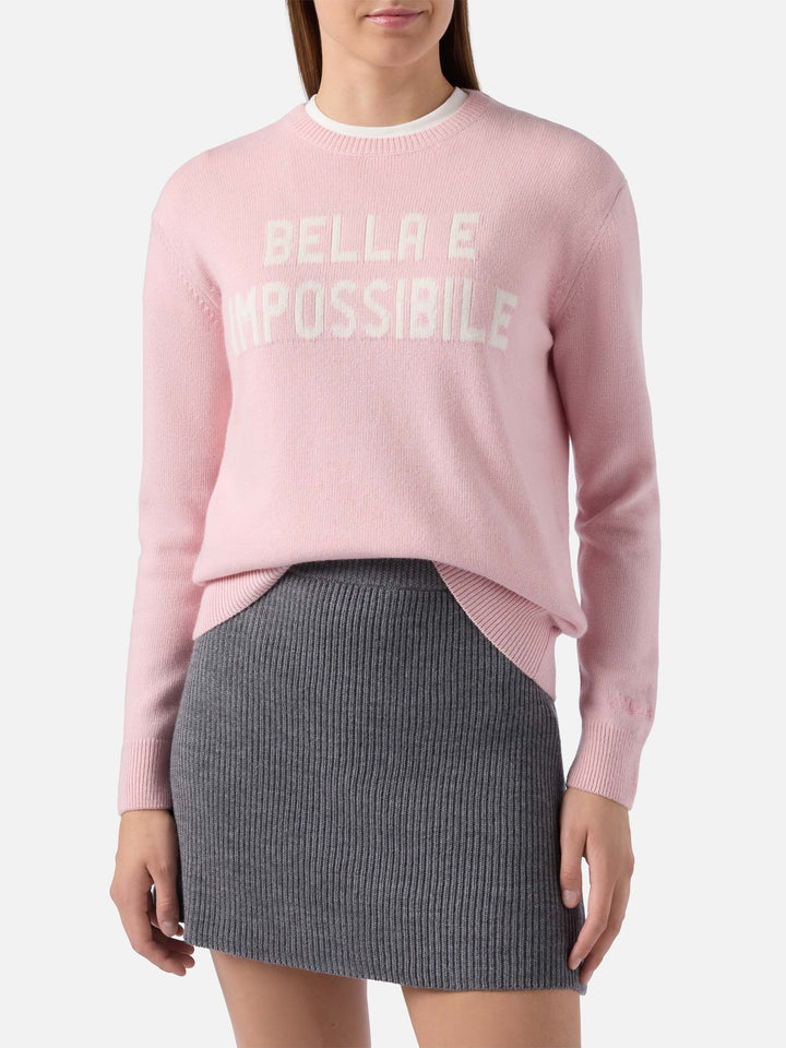 Maglione New Queen in misto cashmere rosa con jacquard Bella e Impossibile
