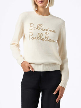 Pull femme beige New Queen avec broderie de sequins Bollicine 