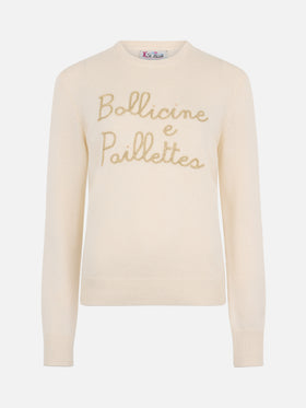 Pull femme beige New Queen avec broderie de sequins Bollicine 