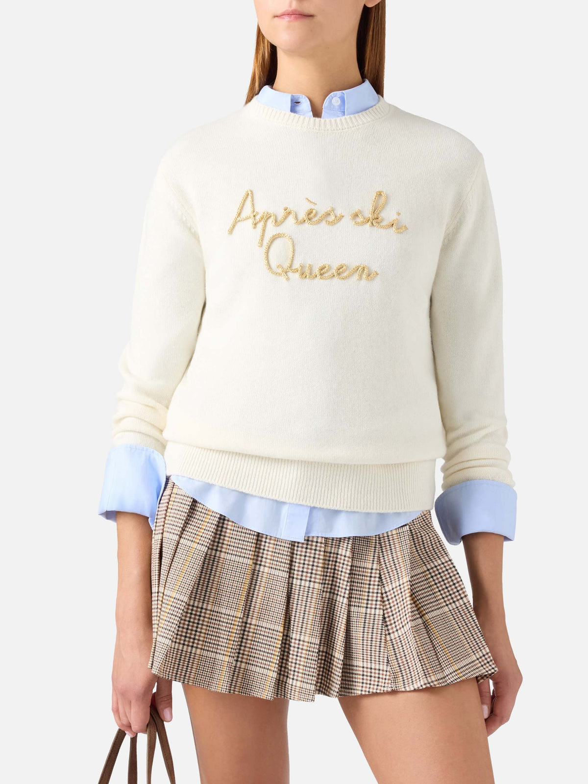 Pull en maille col rond New Queen écru avec broderie Après Ski Queen 