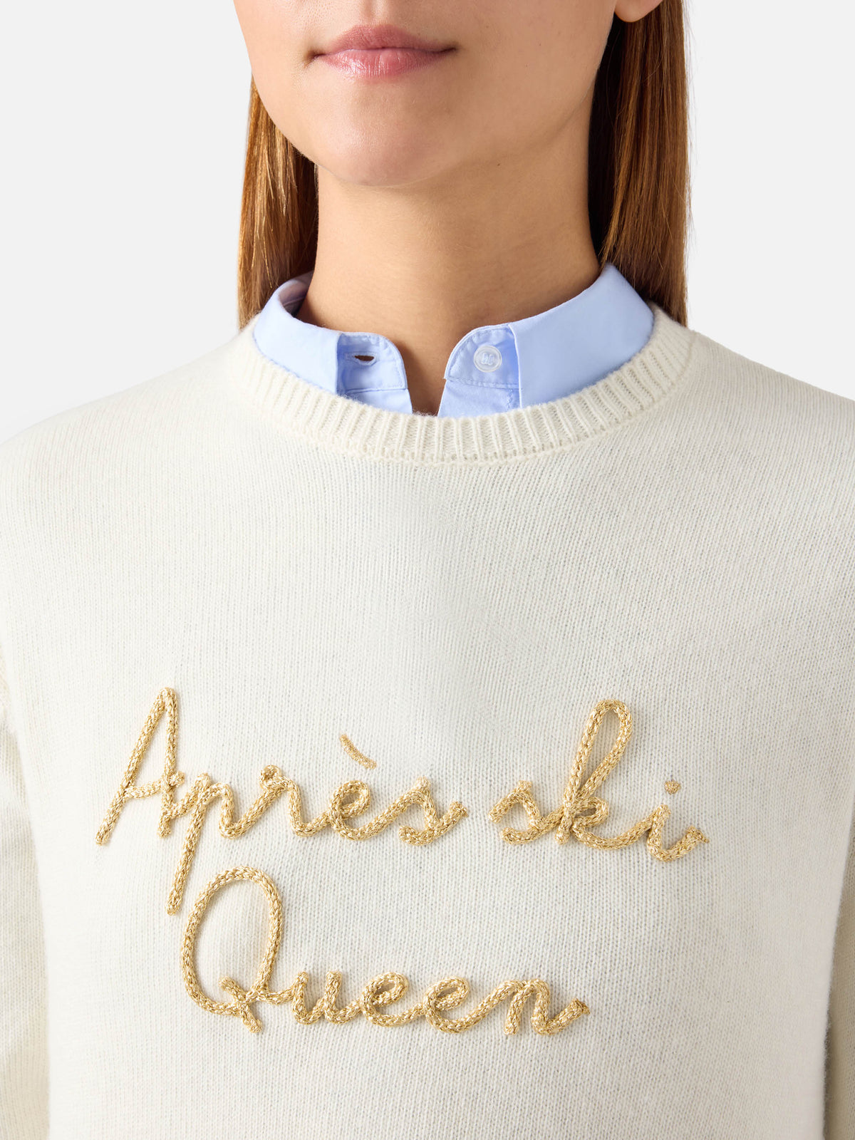 Pull en maille col rond New Queen écru avec broderie Après Ski Queen 