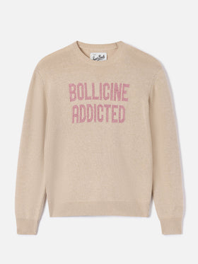 Maglia girocollo New Queen beige con ricamo Bollicine Addicted in lurex