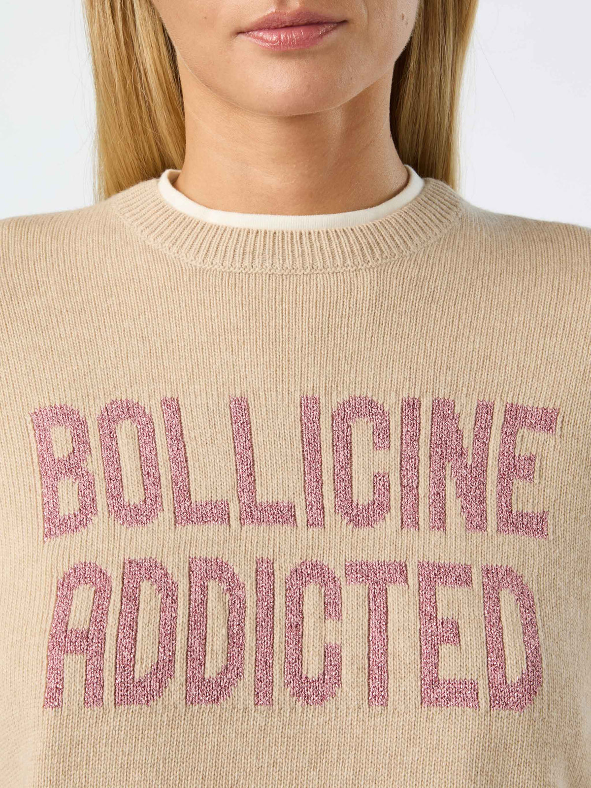 Jersey de punto de cuello redondo Beige New Queen con bordado lurex Bollicine Addicted 
