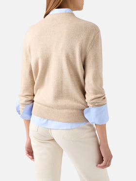 Maglia girocollo New Queen beige con ricamo Diva in strass
