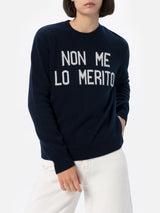 Woman blue sweater New Queen with Non me lo merito jacquard