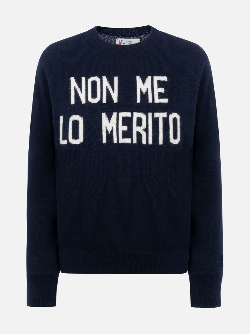 Woman blue sweater New Queen with Non me lo merito jacquard