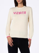 Maglione da donna bianco New Queen con stampa Viziata e strass