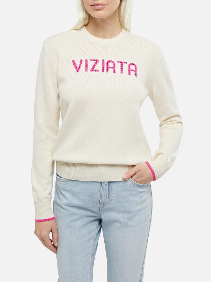 Woman white sweater New Queen with Viziata jacquard with rhinestones - MC2 Saint Barth