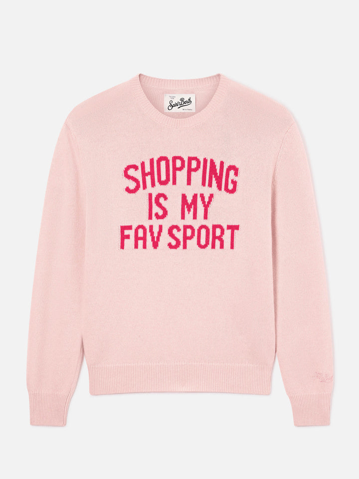Maglia girocollo New Queen rosa con ricamo Shopping Is My Fav Sport
