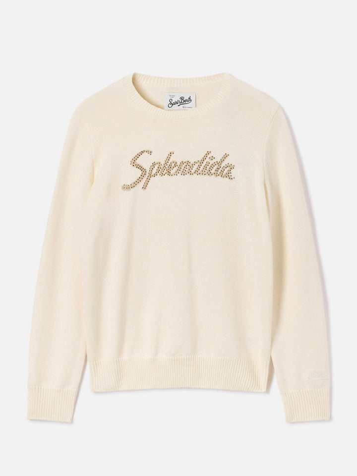 Maglia girocollo New Queen off white con ricamo Splendida in strass