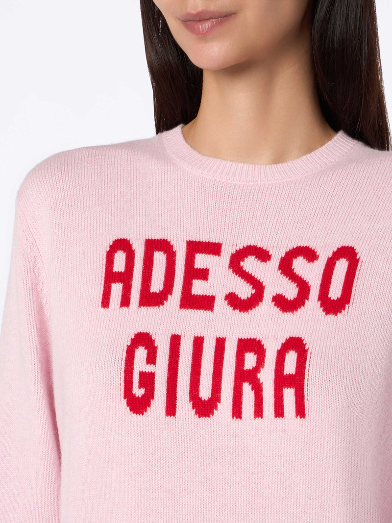 Maglione da donna rosa New Queen con stampa Giura