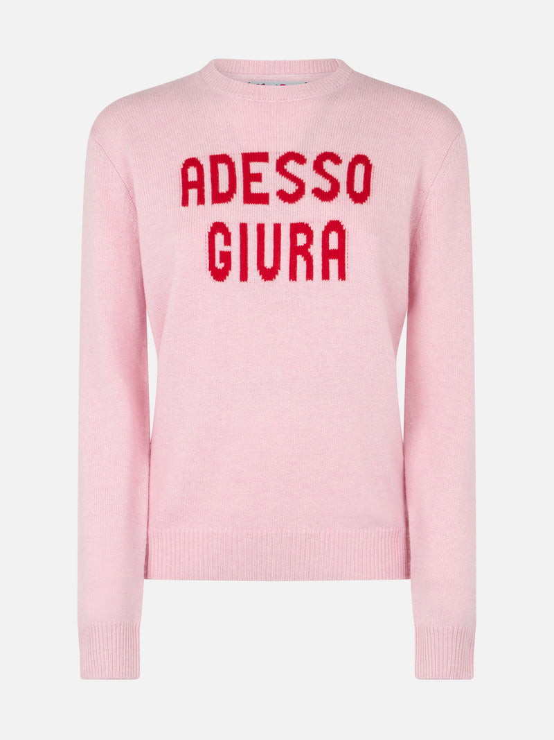 Maglione da donna rosa New Queen con stampa Adesso Giura