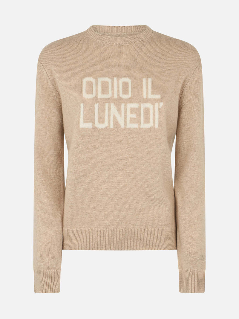 Maglione da donna beige New Queen con stampa Odio il Lunedì