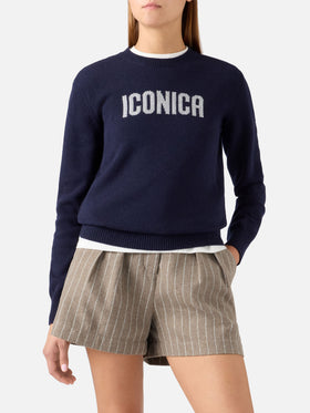 Jersey de punto con cuello redondo Navy blue New Queen con bordado Iconica de strass 