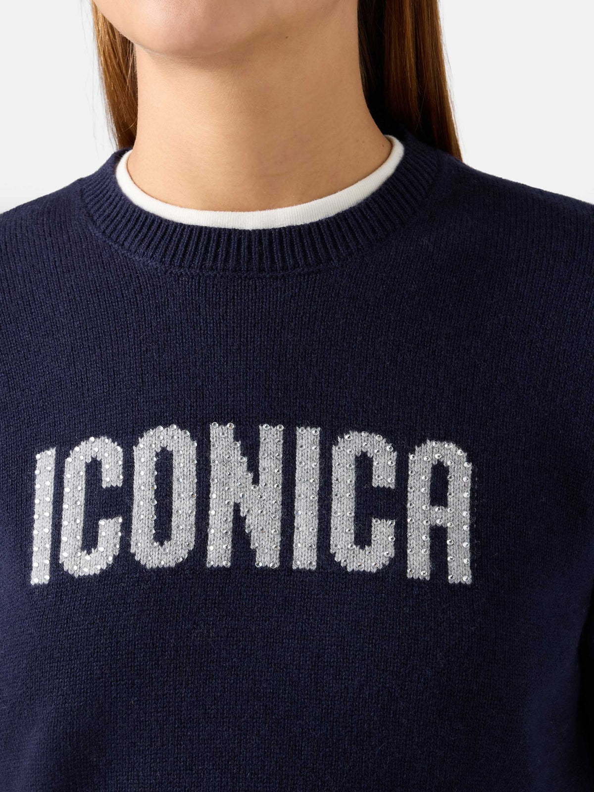 Jersey de punto con cuello redondo Navy blue New Queen con bordado Iconica de strass 