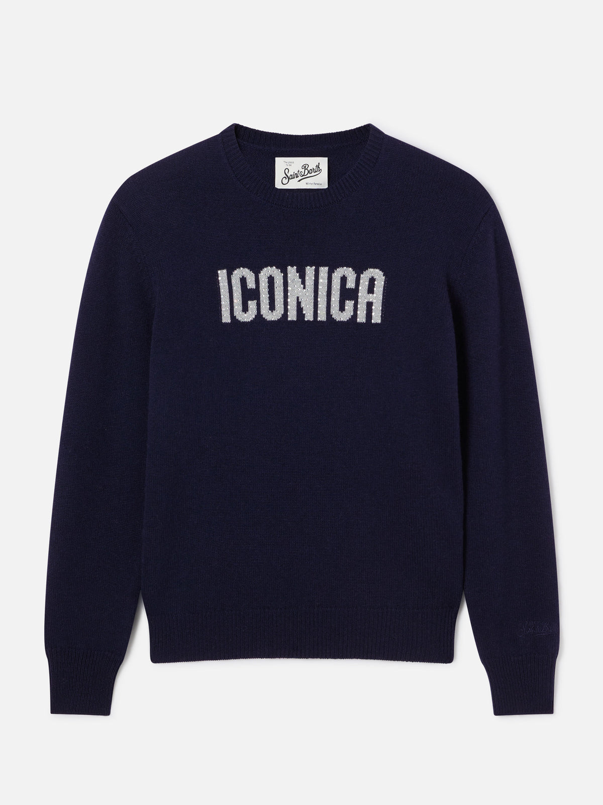 Jersey de punto con cuello redondo Navy blue New Queen con bordado Iconica de strass 