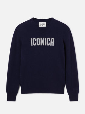 Jersey de punto con cuello redondo Navy blue New Queen con bordado Iconica de strass 