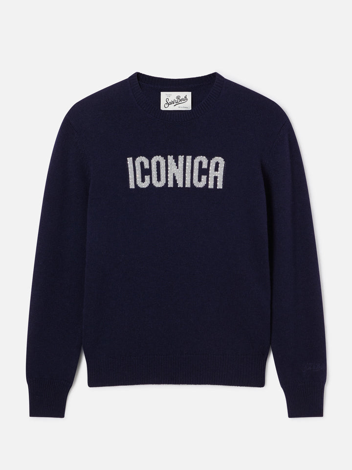 Maglia girocollo New Queen blu navy con ricamo Iconica in strass