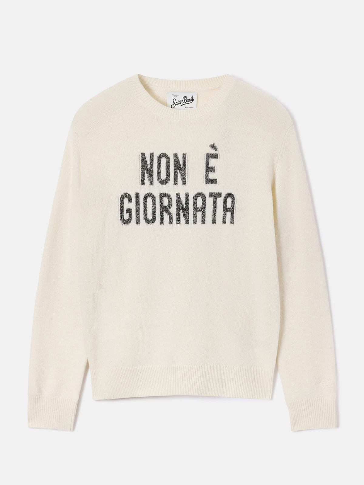 Off white New Queen crewneck knit with Non È Giornata lurex embroidery