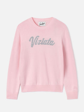 Maglia girocollo New Queen rosa con ricamo Viziata in strass