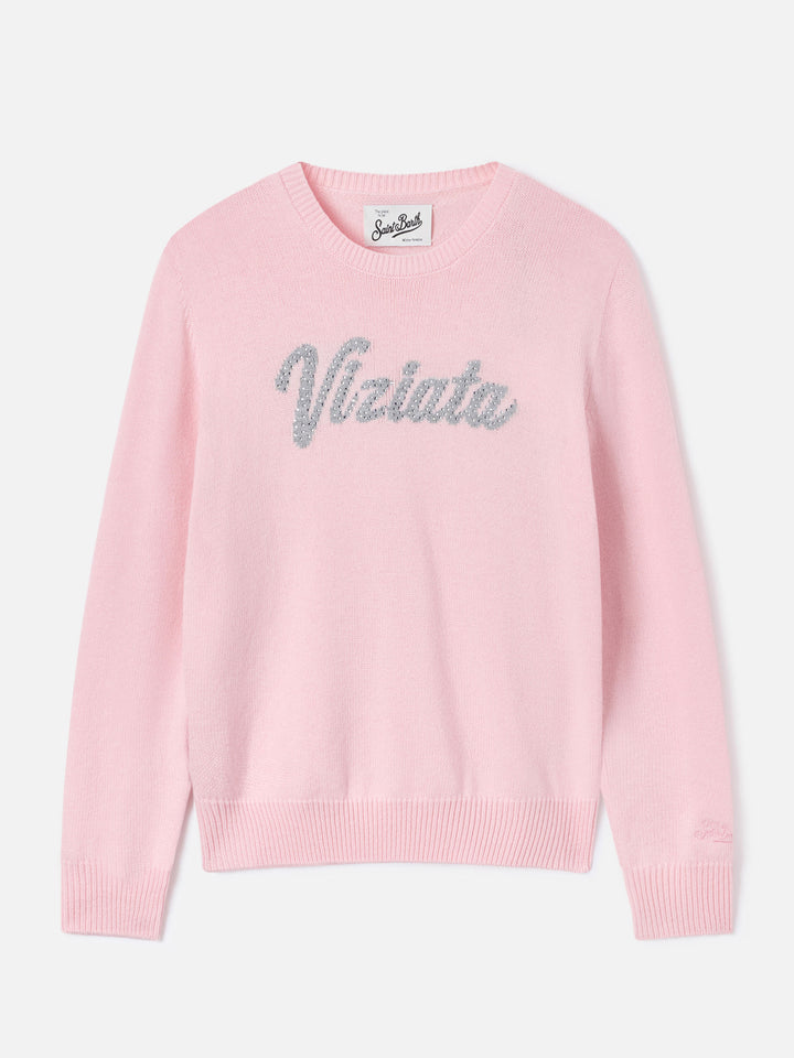 Pull col rond Pink New Queen avec broderie en strass Viziata 