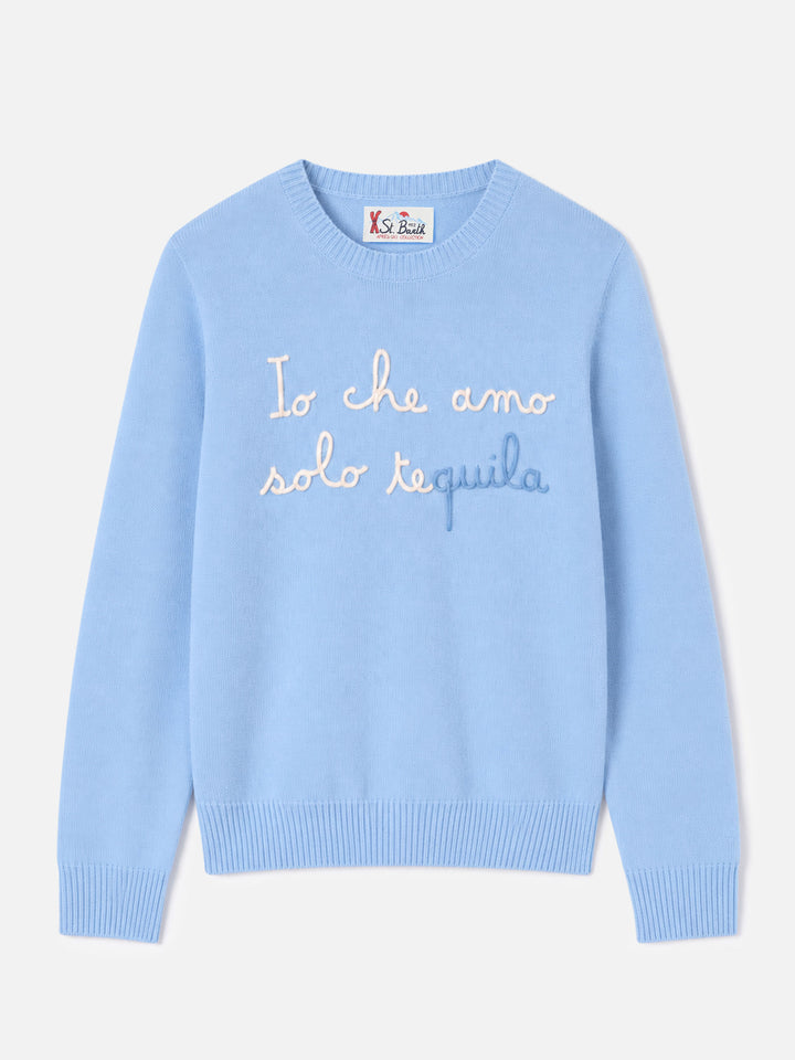 Light blue New Queen crewneck sweater with Amo solo Tequila embroidery