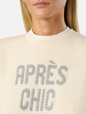 Off white New Queen Rundhals-Strickpullover mit Après Chic Strass-Stickerei 