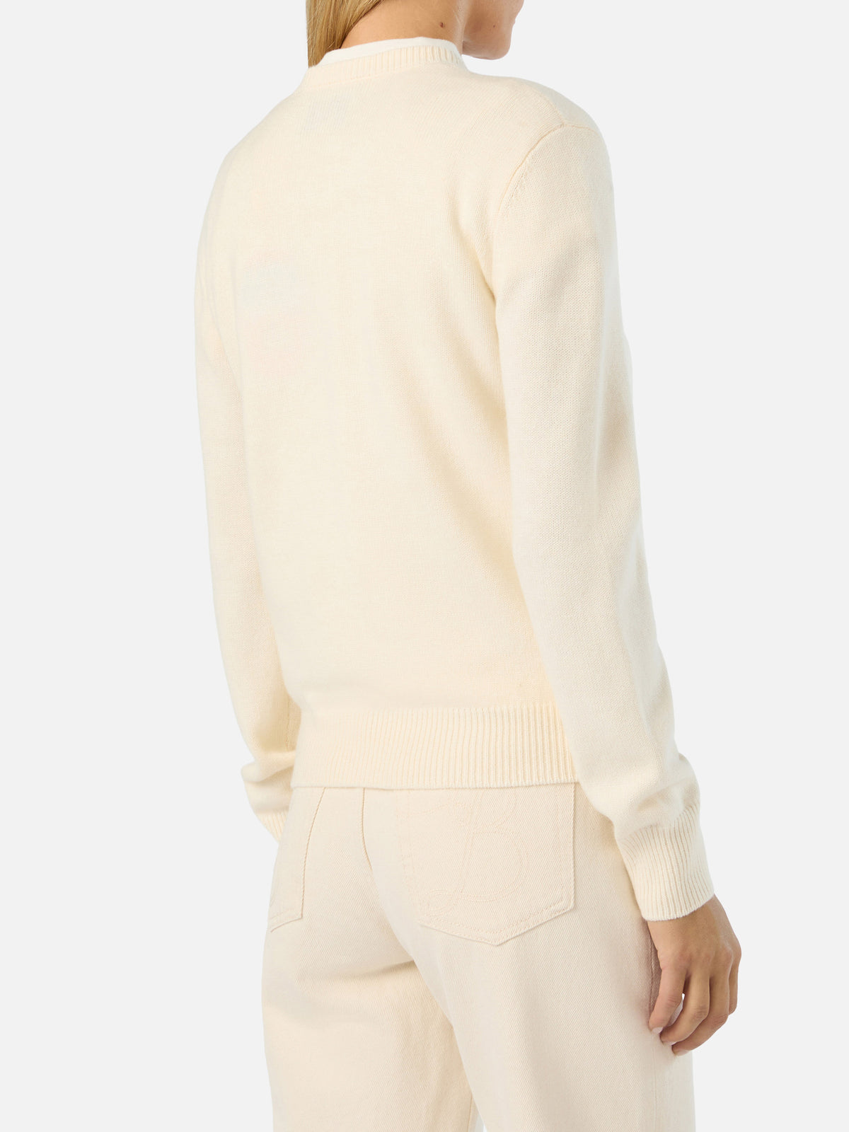 Off white New Queen Rundhals-Strickpullover mit Après Chic Strass-Stickerei 