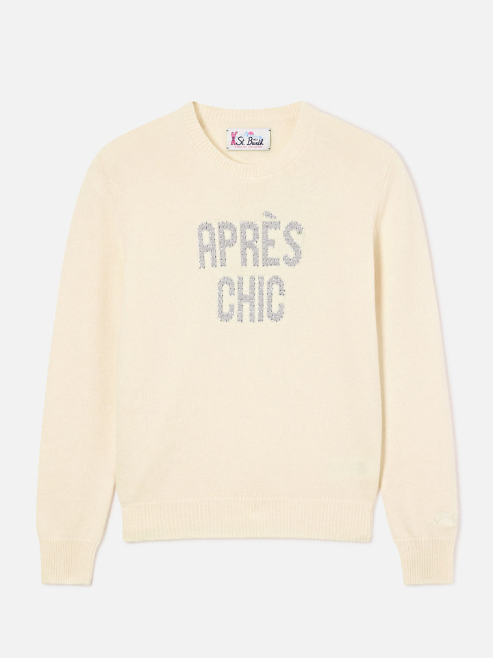 Jersey de punto de cuello redondo Off white New Queen con bordado de strass Après Chic 