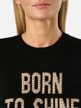 Schwarzer New Queen Rundhals-Strickpullover mit Born To Shine Strassstickerei 