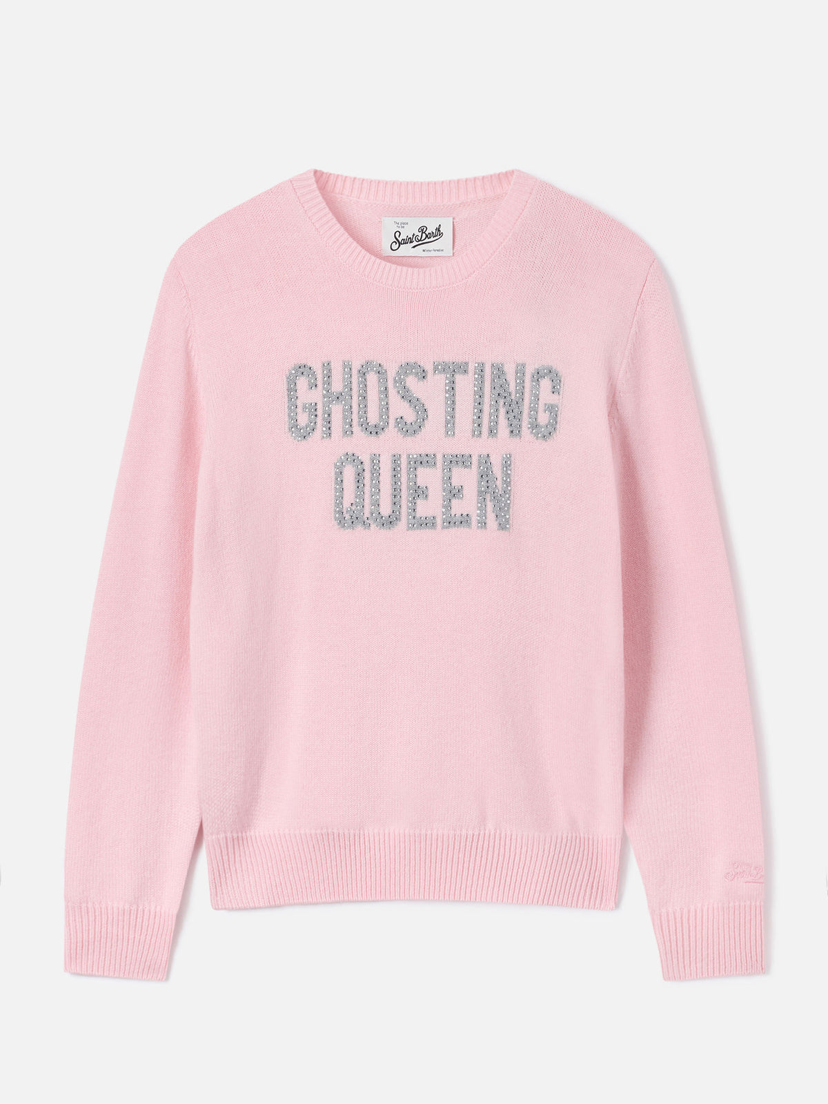 Pink New Queen crewneck knit with Ghosting Queen rhinestone embroidery