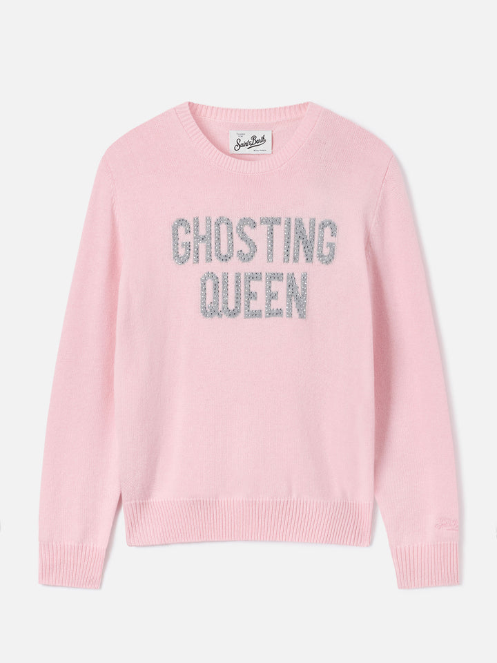 Pull rose New Queen à col rond en maille avec broderie en strass Ghosting Queen 