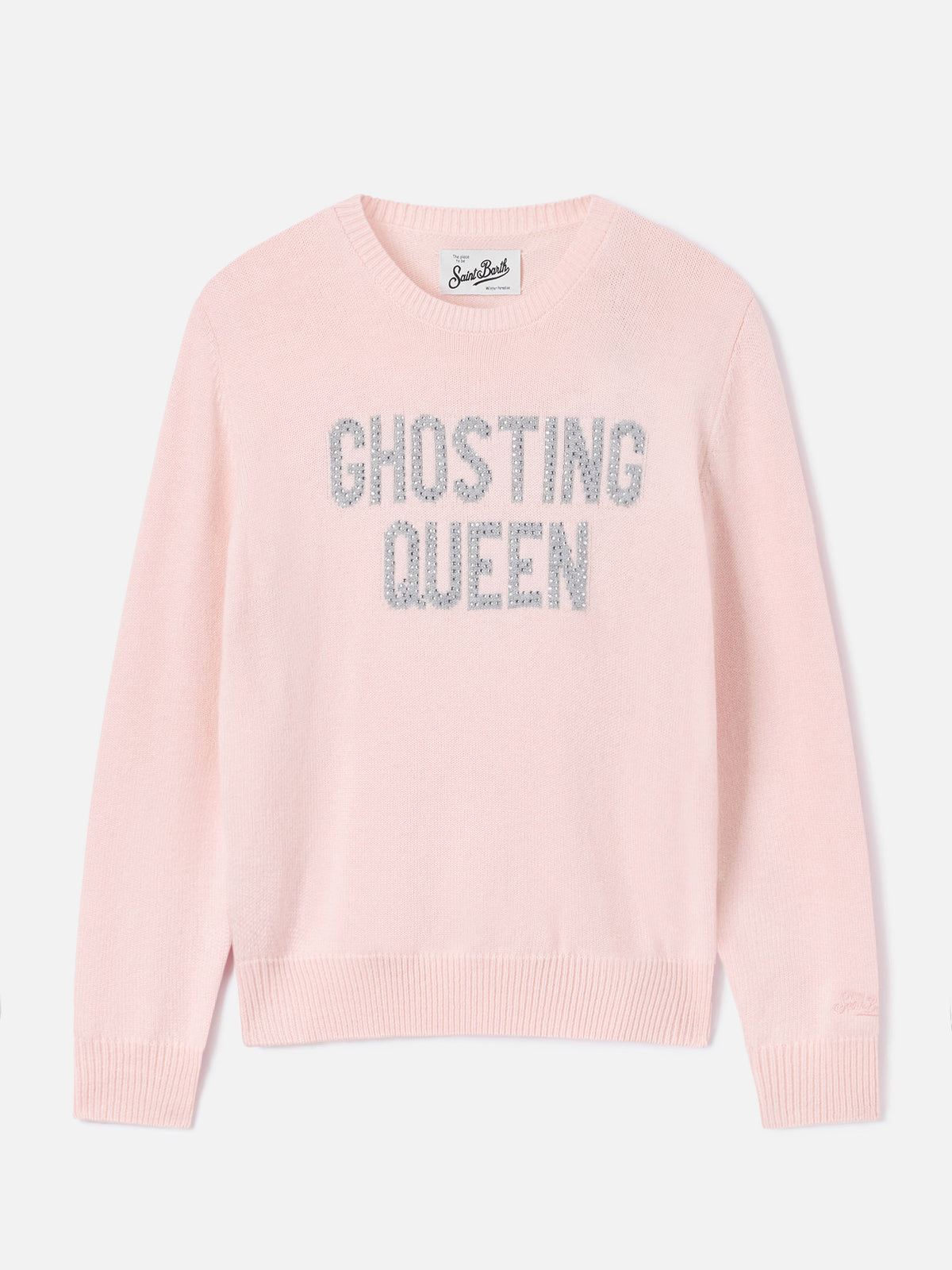 Rosafarbener New Queen Rundhals-Strickpullover mit Ghosting Queen Strassstickerei 