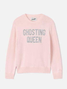 Rosafarbener New Queen Rundhals-Strickpullover mit Ghosting Queen Strassstickerei 
