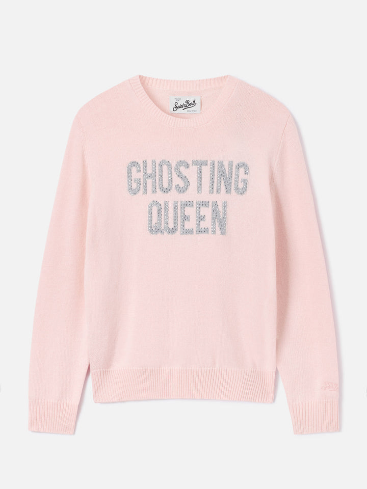 Rosafarbener New Queen Rundhals-Strickpullover mit Ghosting Queen Strassstickerei 