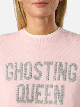 Rosafarbener New Queen Rundhals-Strickpullover mit Ghosting Queen Strassstickerei 