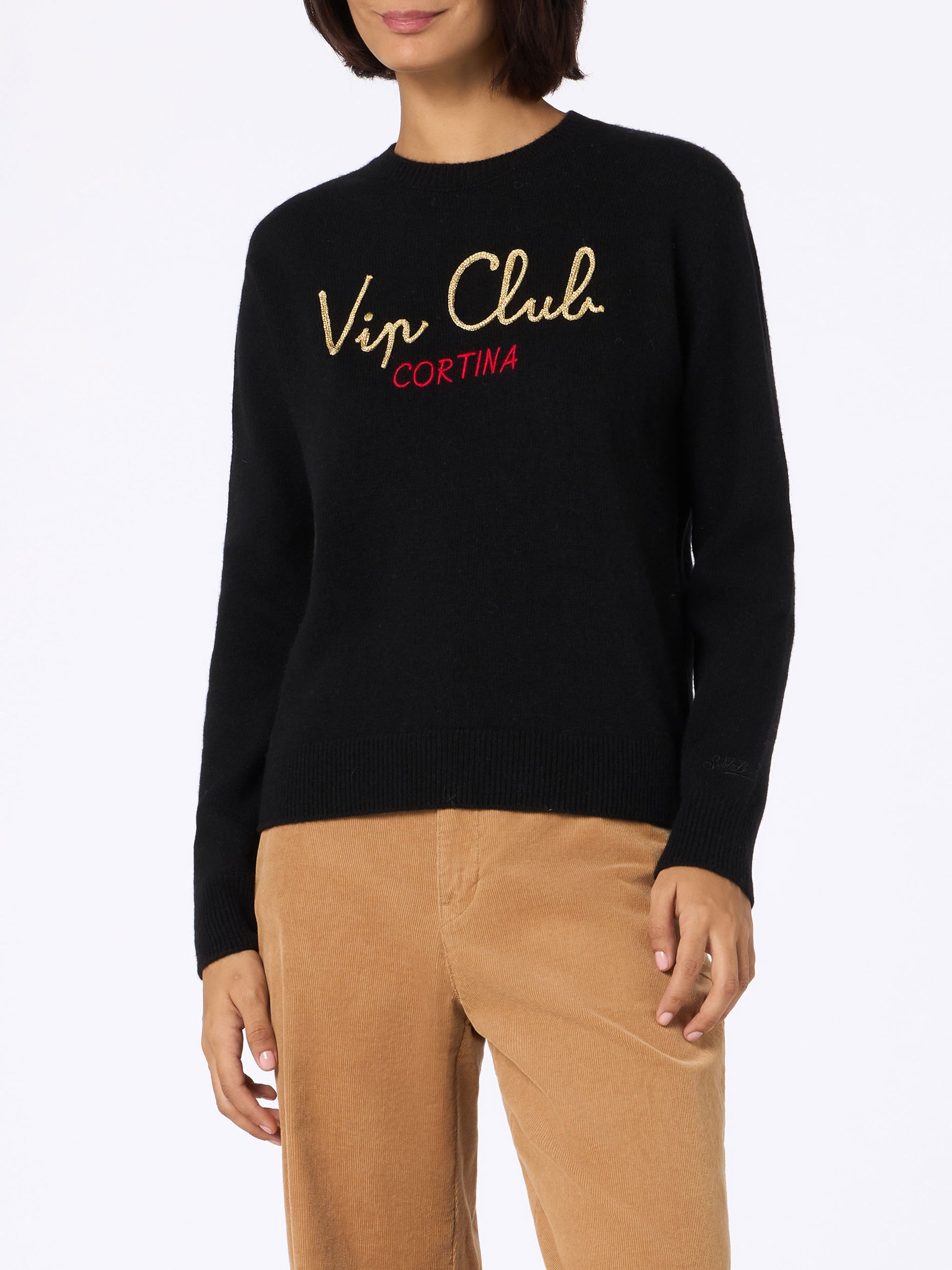 Woman black sweater New Queen with embroidery Vip club Cortina | VIP CLUB CORTINA SPECIAL EDITION - MC2 Saint Barth