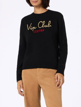 Woman black sweater New Queen with embroidery Vip club Cortina | VIP CLUB CORTINA SPECIAL EDITION - MC2 Saint Barth