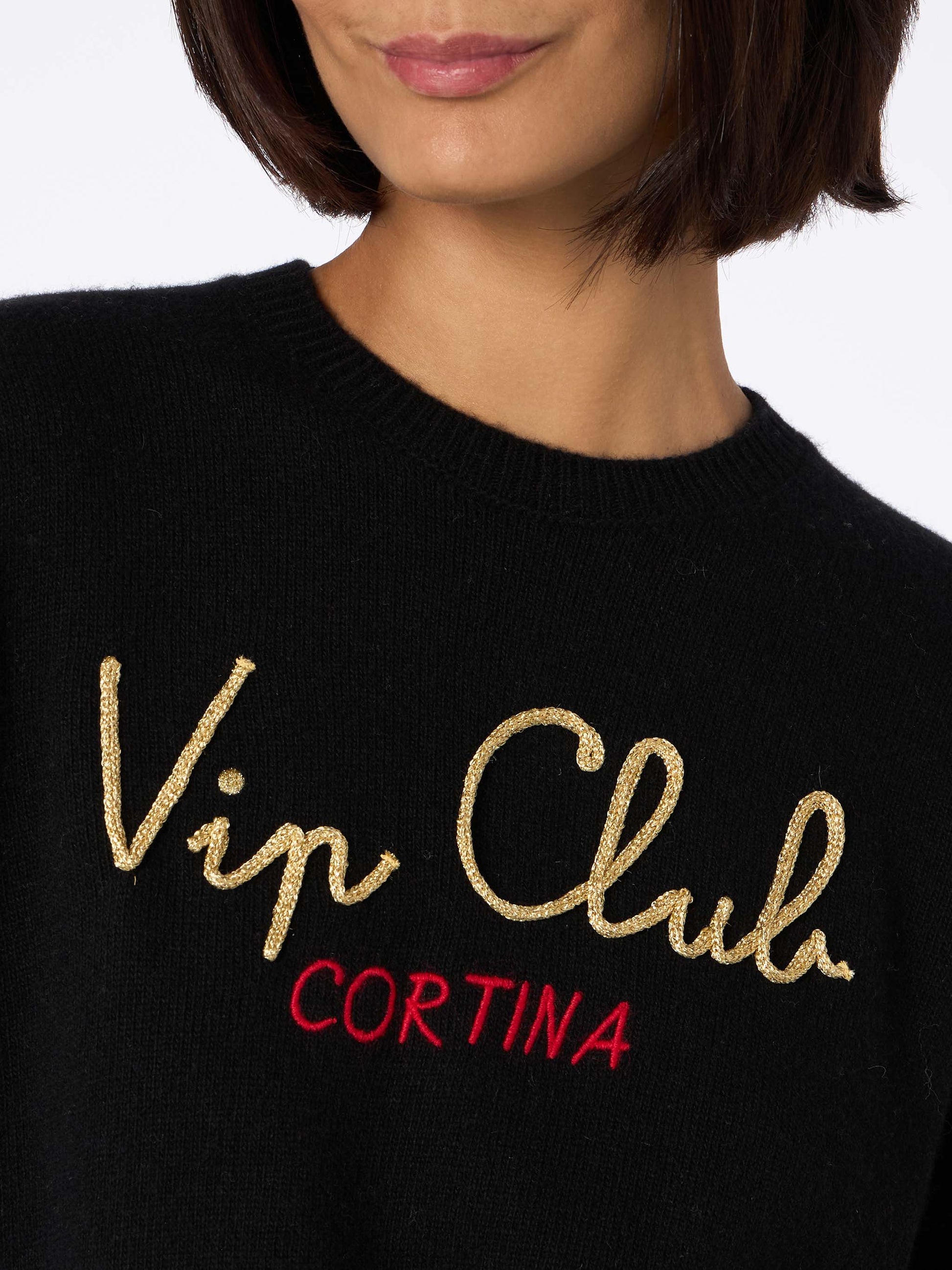 Woman black sweater New Queen with embroidery Vip club Cortina | VIP CLUB CORTINA SPECIAL EDITION - MC2 Saint Barth